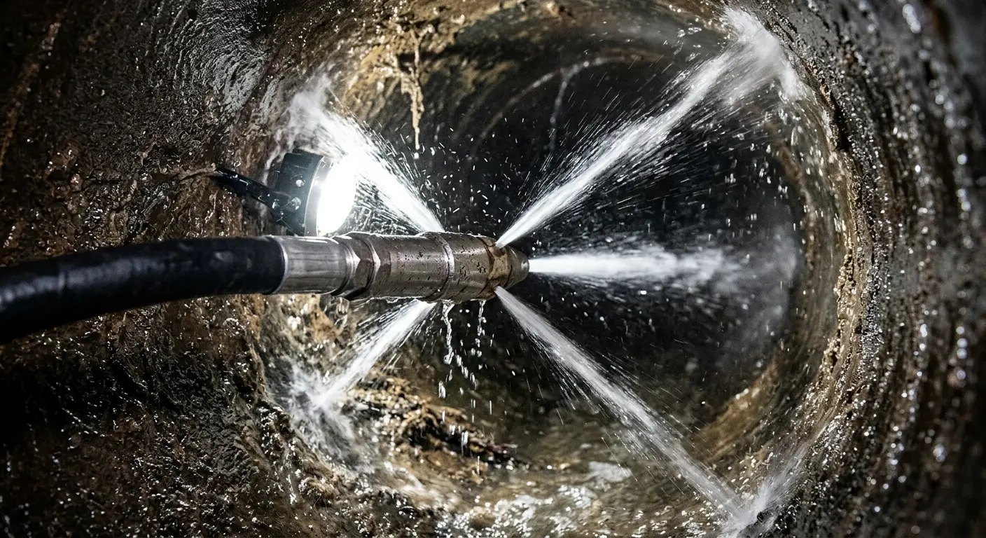 High-pressure hydro jetting nozzle cleaning sewer pipe for Trenchless Sewer Repair in Dunedin