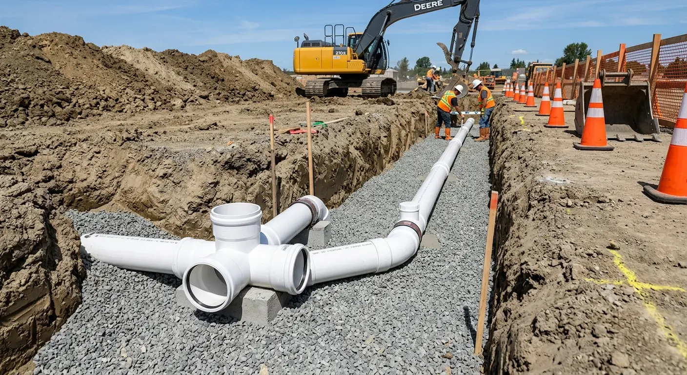 New PVC sewer pipe installation in open trench for Commercial Drain Cleaning in Dunedin