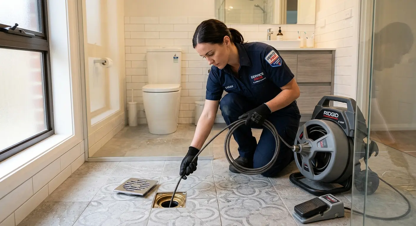 Technician clearing a bathroom floor drain for Sewer Line Replacement in Dunedin